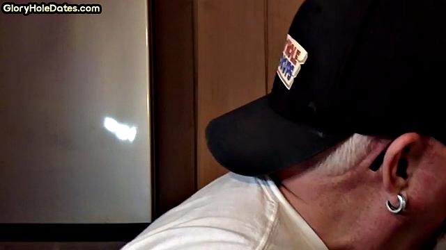 POV mature man sucks cock in closeup gloryhole blowjob