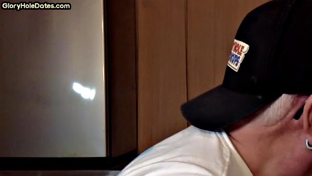 POV mature man sucks cock in closeup gloryhole blowjob