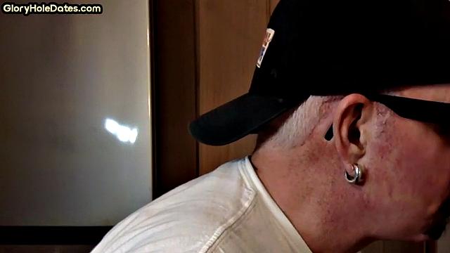 POV mature man sucks cock in closeup gloryhole blowjob