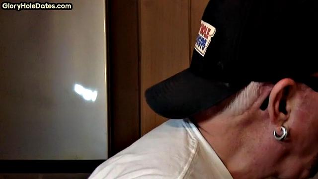 POV mature man sucks cock in closeup gloryhole blowjob