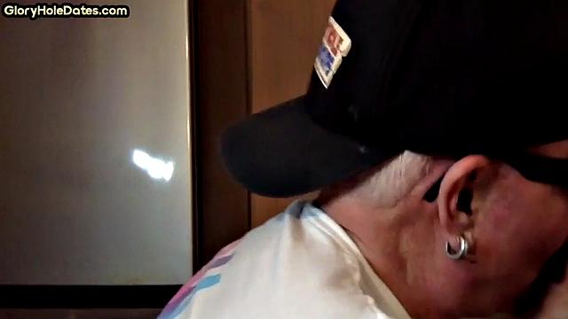 POV mature man sucks cock in closeup gloryhole blowjob