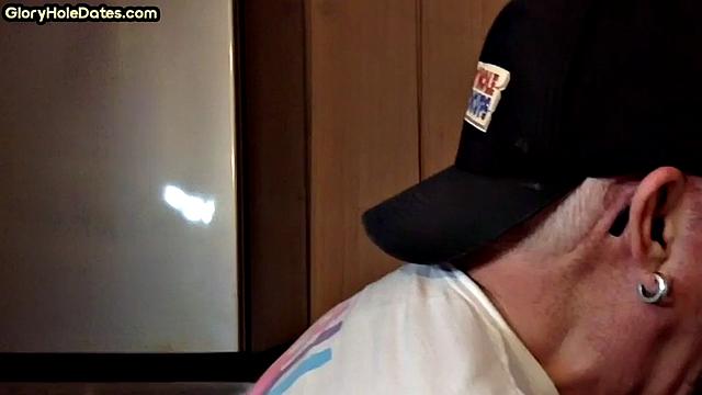 POV mature man sucks cock in closeup gloryhole blowjob