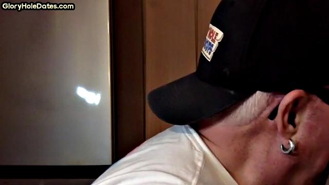 POV mature man sucks cock in closeup gloryhole blowjob
