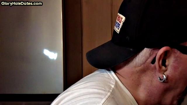 POV mature man sucks cock in closeup gloryhole blowjob