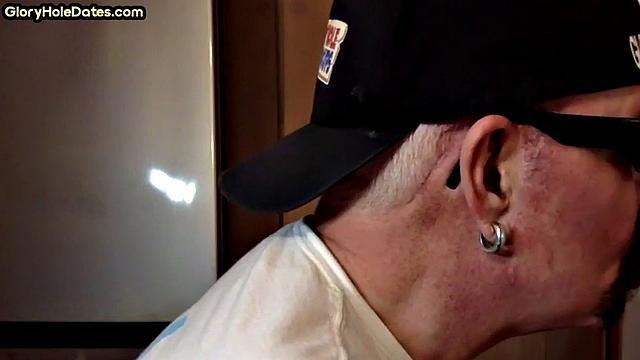 POV mature man sucks cock in closeup gloryhole blowjob