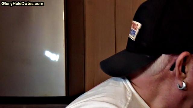 POV mature man sucks cock in closeup gloryhole blowjob
