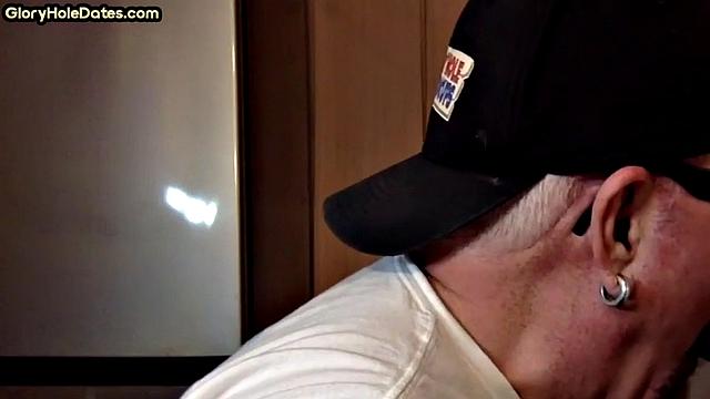 POV mature man sucks cock in closeup gloryhole blowjob