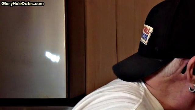 POV mature man sucks cock in closeup gloryhole blowjob