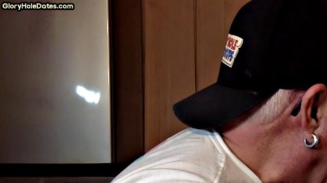 POV mature man sucks cock in closeup gloryhole blowjob