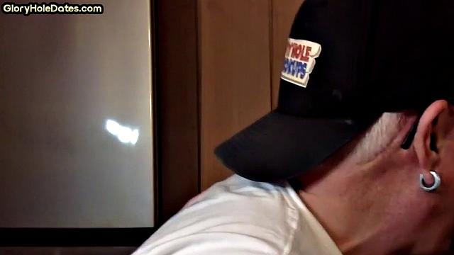 POV mature man sucks cock in closeup gloryhole blowjob
