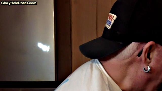 POV mature man sucks cock in closeup gloryhole blowjob