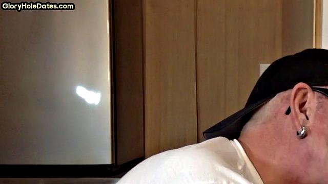 POV mature man sucks cock in closeup gloryhole blowjob