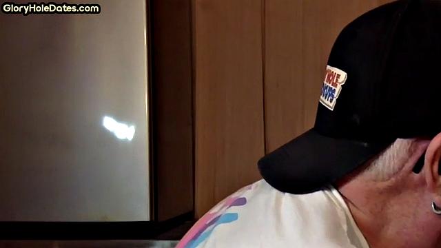 POV mature man sucks cock in closeup gloryhole blowjob