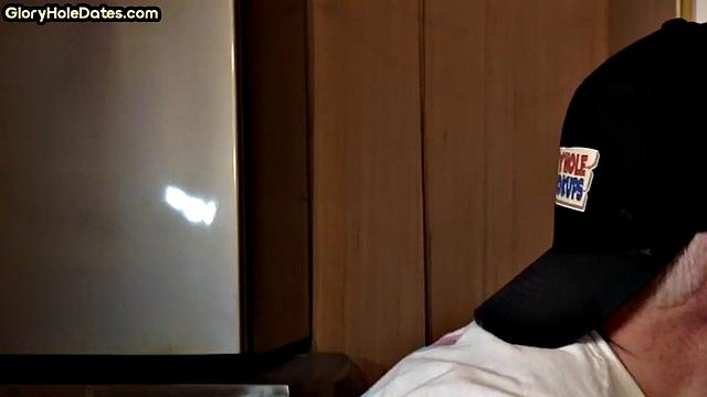 POV mature man sucks cock in closeup gloryhole blowjob