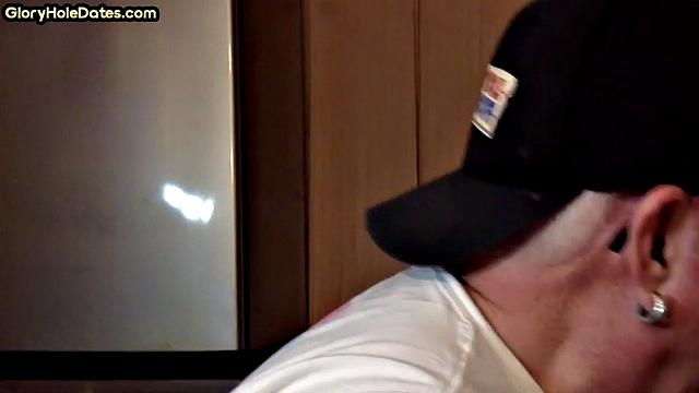 POV mature man sucks cock in closeup gloryhole blowjob