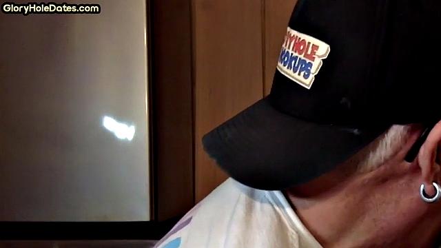 POV mature man sucks cock in closeup gloryhole blowjob