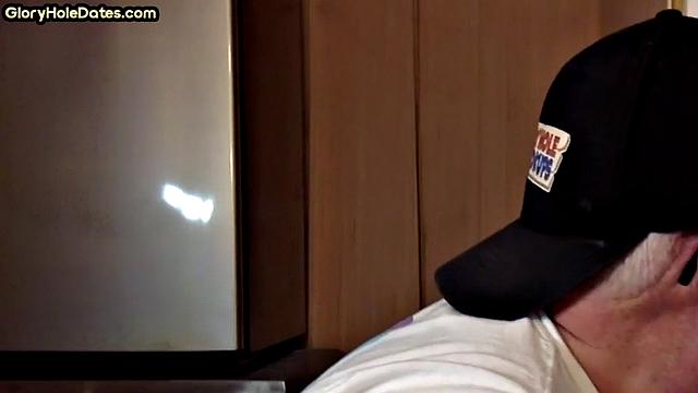 POV mature man sucks cock in closeup gloryhole blowjob