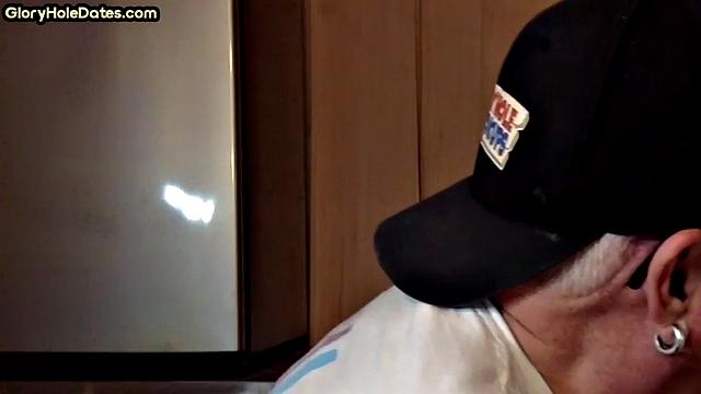 POV mature man sucks cock in closeup gloryhole blowjob