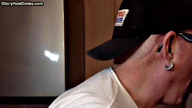 POV mature man sucks cock in closeup gloryhole blowjob