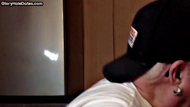 POV mature man sucks cock in closeup gloryhole blowjob