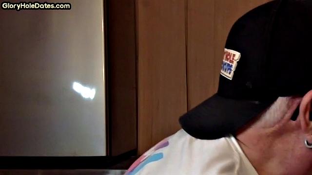 POV mature man sucks cock in closeup gloryhole blowjob