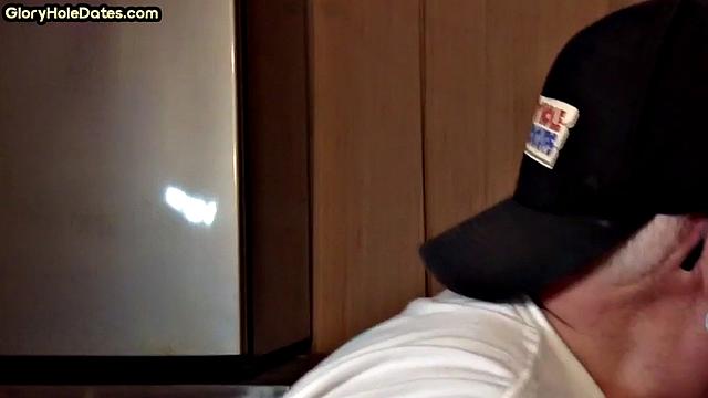 POV mature man sucks cock in closeup gloryhole blowjob