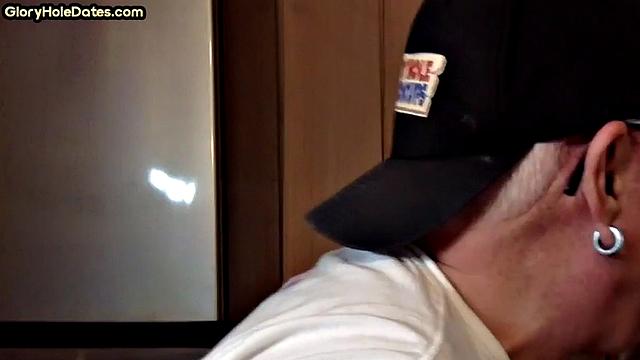 POV mature man sucks cock in closeup gloryhole blowjob