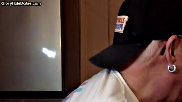 POV mature man sucks cock in closeup gloryhole blowjob