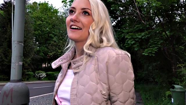 Blonde 25yo cutie gives blowjob to his huge dick in public