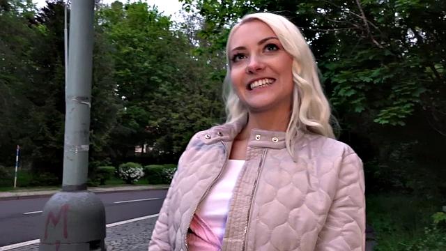 Blonde 25yo cutie gives blowjob to his huge dick in public