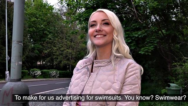 Blonde 25yo cutie gives blowjob to his huge dick in public