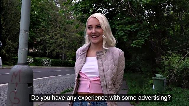 Blonde 25yo cutie gives blowjob to his huge dick in public