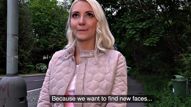 Blonde 25yo cutie gives blowjob to his huge dick in public