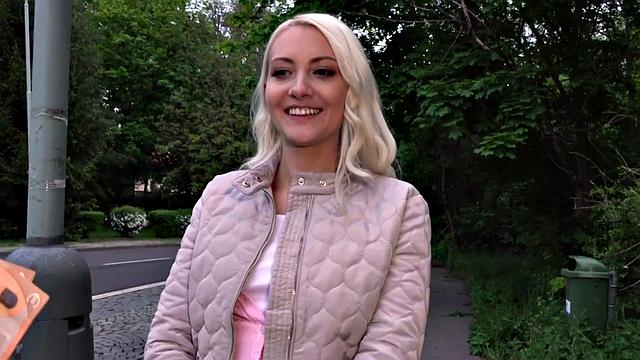 Blonde 25yo cutie gives blowjob to his huge dick in public