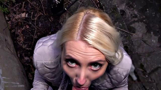 Blonde 25yo cutie gives blowjob to his huge dick in public