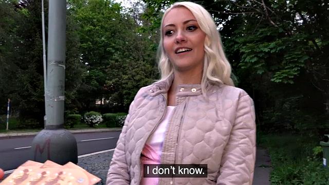 Blonde 25yo cutie gives blowjob to his huge dick in public