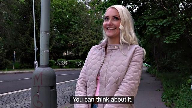 Blonde 25yo cutie gives blowjob to his huge dick in public