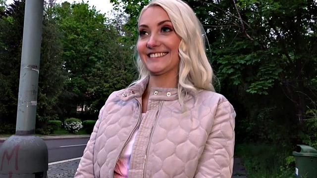 Blonde 25yo cutie gives blowjob to his huge dick in public