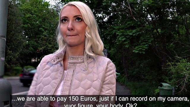 Blonde 25yo cutie gives blowjob to his huge dick in public