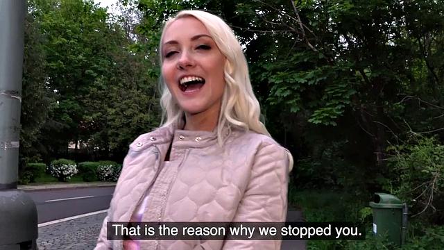 Blonde 25yo cutie gives blowjob to his huge dick in public