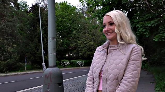 Blonde 25yo cutie gives blowjob to his huge dick in public