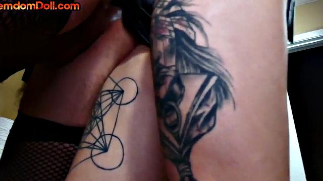 Inked domina pegging sissy