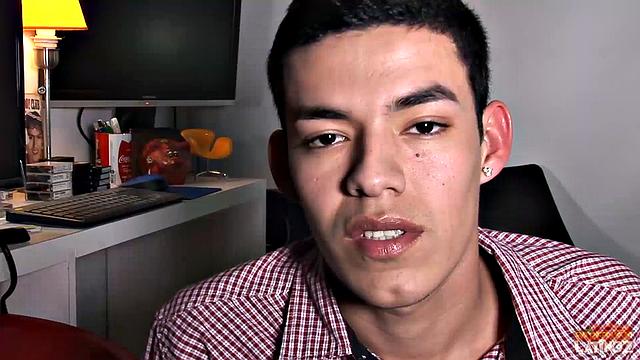 Our featured solo boy of the week is Evan, a very cute Latin twink, who has parked his little ass in a chair to stroke one out for us. First he pushes his underwear down just enough to gain access and in no time he's sporting a boner.