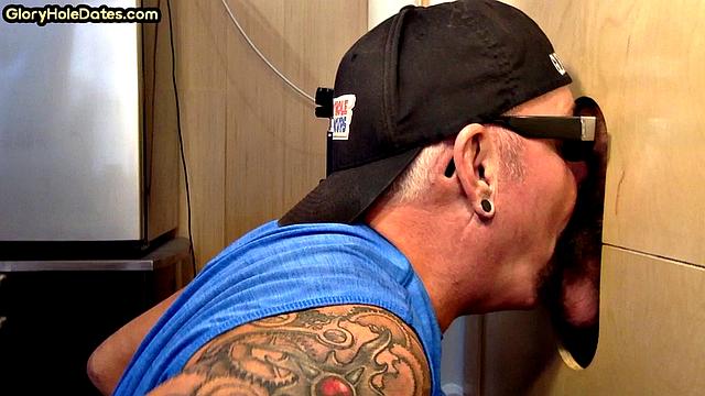 Real gloryhole DILF sucks cock till cum in mouth