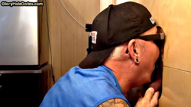 Real gloryhole DILF sucks cock till cum in mouth