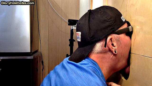 Real gloryhole DILF sucks cock till cum in mouth