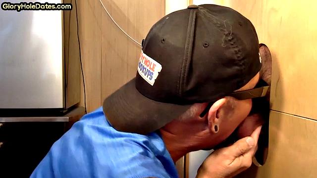 Real gloryhole DILF sucks cock till cum in mouth