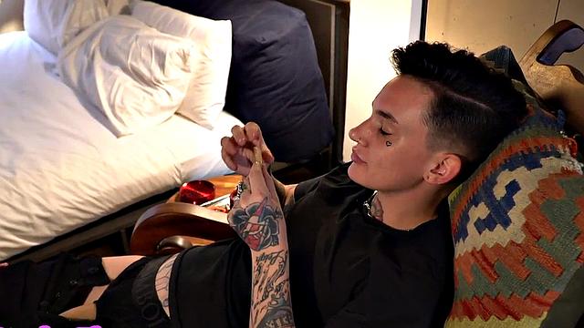 Transgender boy sucks strapon before kissing