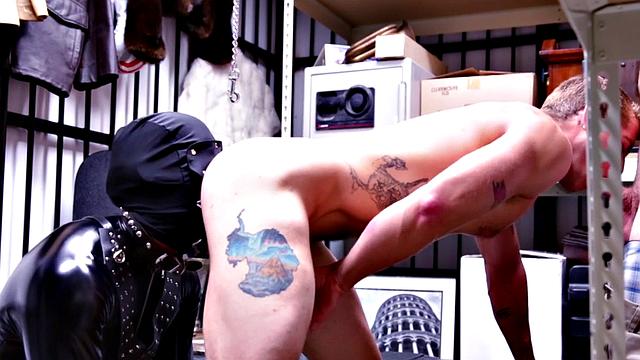 Leather-clad studs share a cock in the office, rimming and deepthroating in POV