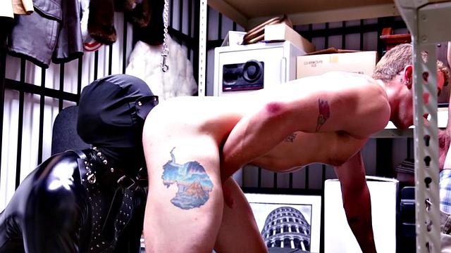 Leather-clad studs share a cock in the office, rimming and deepthroating in POV